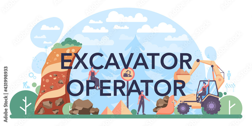 Naklejka premium Excavator operator typographic header. Industrial builder or driver excavating