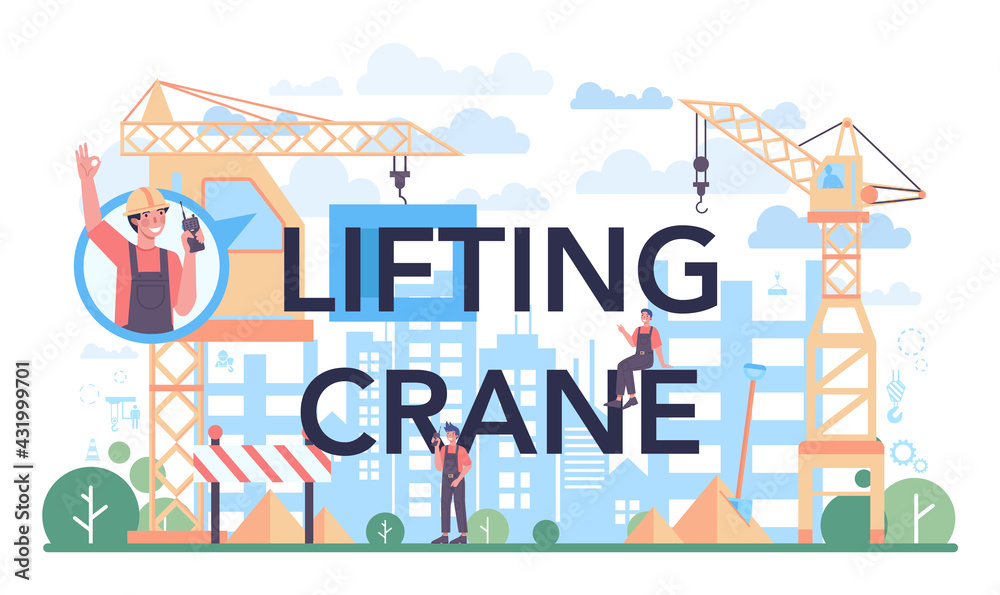 Lifting crane typographic header. Industrial builder at the construction site