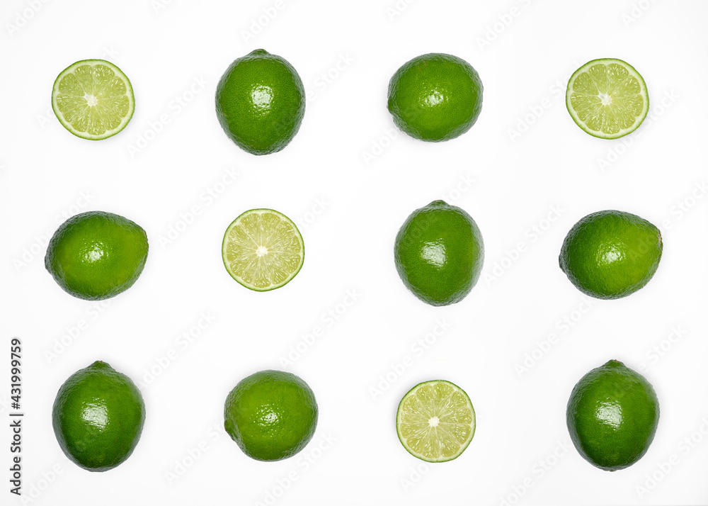 Green Juicy Fresh Lemons Limes Pattern on White Background