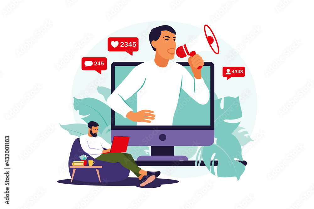 Blogger with loudspeakers announcing news, attracting target audience. Marketing, promotion, communication concept. Vector illustration. Flat.