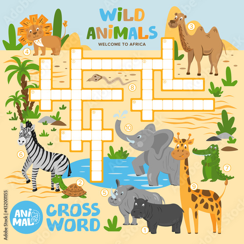 Printable crossword with african animals. Educational game for kids, puzzle quiz game, preschool kids activity. Vector