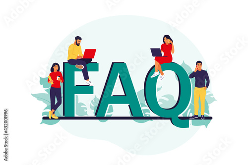 FAQ. Frequently asked questions concept. People ask questions and receive answers. Support center. Vector illustration. Flat.