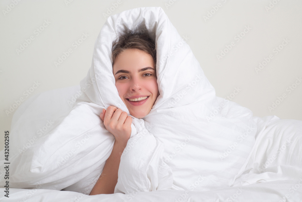 Woman lie in bed woke up after sleeping in morning, enjoy new day, enough sleep concept. Woman lie in bed woke up after sleeping in morning, enjoy new day, enough sleep concept.
