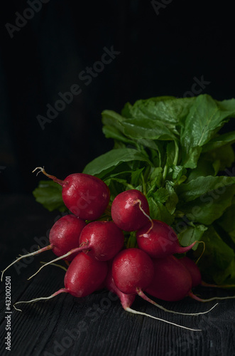 A bunch of fresh radishes lies on a dark wooden table, dark background, low key.