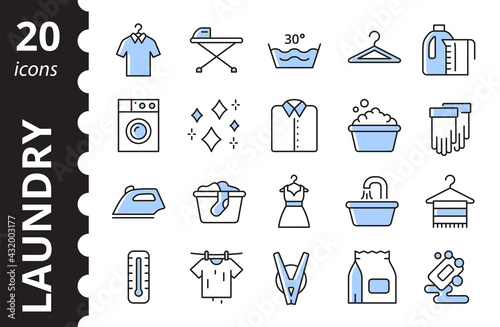 Laundry icons set. Collection of washing service sign. Linear symbols in color.
