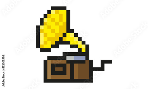 turntable gramophone phonograph graphophone victrola pixel 8 bits retro classic vintage design, audio sound system, hi-fi, record player, high-fidelity system, sound system, stereo set, disc player
