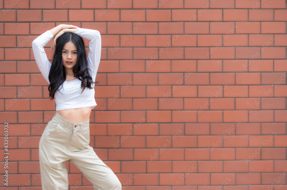 Portrait of hipster girl on brick wall background,Beautiful asian woman pose for take a photo,Kawaii style Portrait of hipster girl on brick wall background,Beautiful asian woman pose for take a photo,Kawaii style
