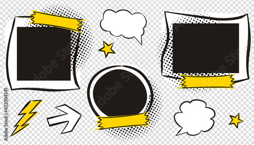 A set of photo frames and elements in comic style for a photo album. Cartoon empty cloud for text. Pop art vector illustration