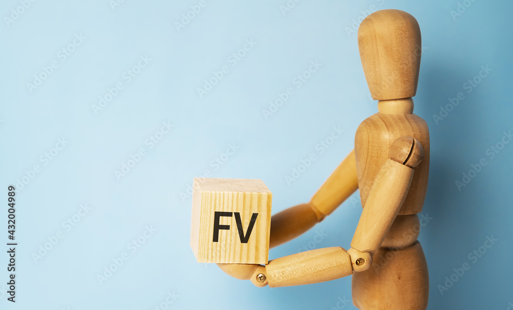Wooden man holding a wooden cube with acronym FV-Future value. Business and finances concept. Wooden man holding a wooden cube with acronym FV-Future value. Business and finances concept.