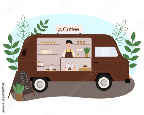 Coffee street market truck. Cartoon van car on the sidewalk, open market. Waiter at the counter.
Vector illustration.