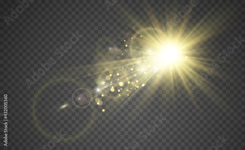 Special lens flash, light effect. The flash flashes rays and searchlight. illust.White glowing light. Beautiful star Light from the rays. The sun is backlit. Bright beautiful star. Sunlight. Glare.	
