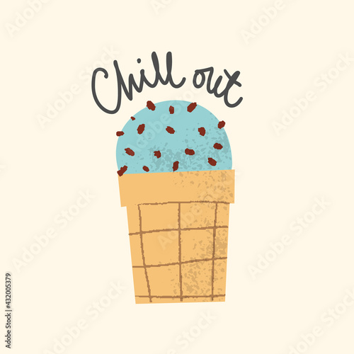 Chill out ice cream card design. Summer trendy print for cafe poster, sticker or flyer.