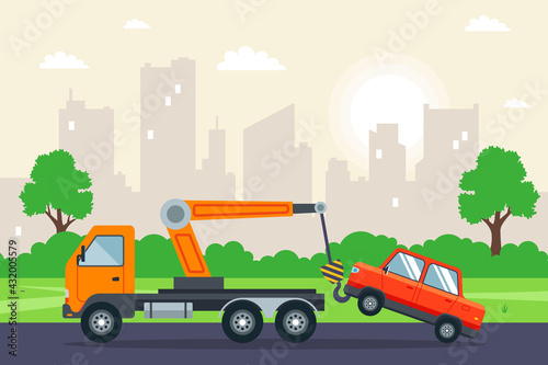 tow truck towing a car in the city. flat vector illustration.