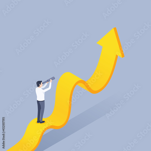 isometric vector illustration on a gray background, distant perspectives, a man in business clothes stands on a wavy arrow tending upwards and looks through the spyglass