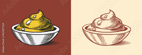 Mustard or Spicy condiment. Dip or dipping sauce. Illustration for Vintage background or poster. Engraved hand drawn sketch.