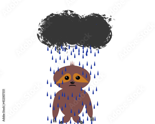 Sad sloth in the rain