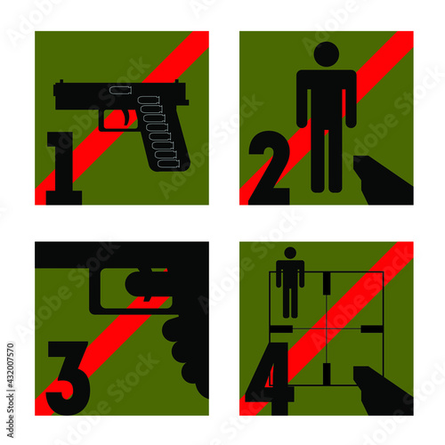 4 rules of gun safety in pictograms. vector infographics. can be used for posters in shooting ranges, training courses on handling weapons, promoting safe handling of weapons, in military units.