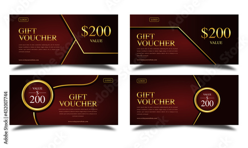 Set of dark red and gold luxury gift voucher templates, coupon designs, certificates, ticket templates, ready to edit and use.