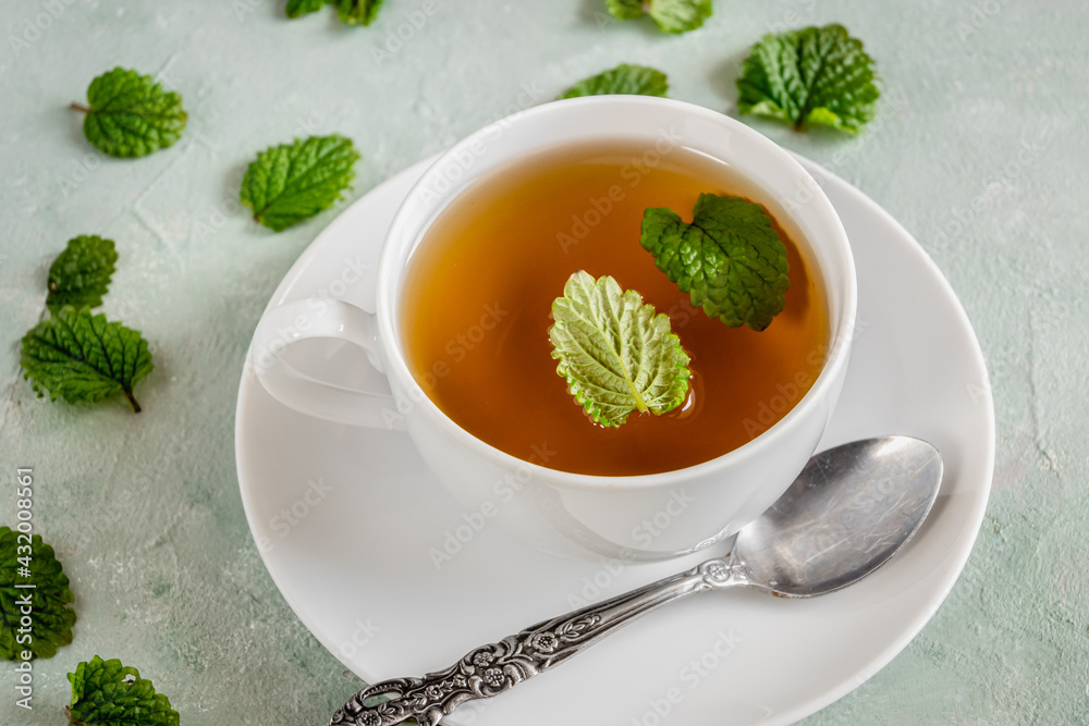 Fresh lemon balm tea in a white cup. Fresh lemon balm tea in a white cup.