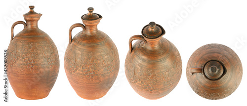 Foto Large earthenware jug with a lid from different angles isolated on white