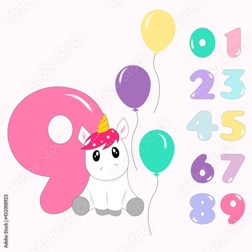 Illustration sticker card for children birthday with numbers and unicorn colorful baloons poster set of numbers	
