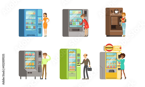 Consumers Standing Near Vending Machine Buying Drinks and Food Vector Set