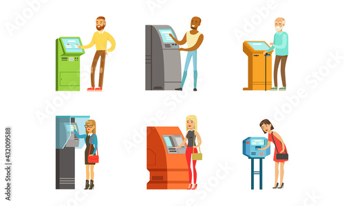 People Characters Using Electronic Self Service Terminal Performing Payment and Receive Money Vector Illustration Set