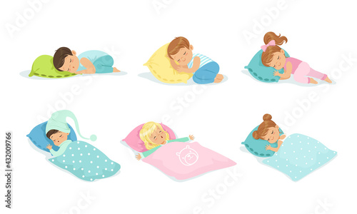 Adorable Little Boys and Girls Sleeping Sweetly on Soft Pillows and Under Warm Blankets Vector Set