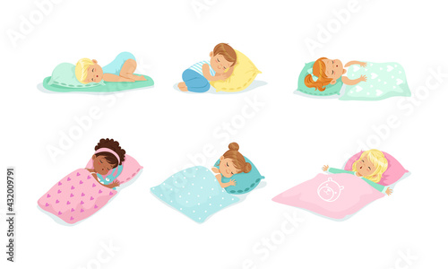 Adorable Little Boys and Girls Sleeping Sweetly on Soft Pillows and Under Warm Blankets Vector Set