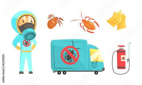 Man in Protective Suit and Special Equipment for Pest Control Service and Extermination of Insects Vector Set