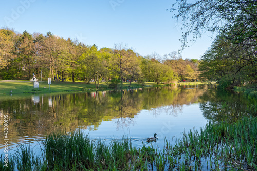 Mollsee im Westpark München im Frühling mit Menschen und Ente 