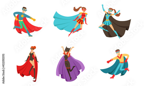 Male and Female Superhero Characters in Mask and Fluttering Cloak Rushing to the Rescue Vector Set