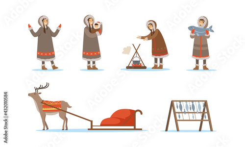 Eskimo Characters in Traditional Clothing and Arctic Animals Vector Set