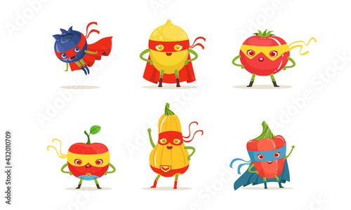 Funny Fruit and Vegetables in Superhero Cloak and Mask Vector Set