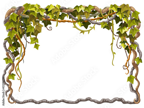 Ivy frame. Liana branches and tropical leaves. Game cartoon poster of creeper jungle. Isolated vector hedera  helix on white background.