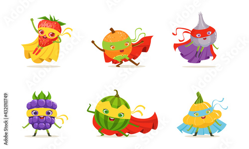 Funny Fruit and Vegetables in Superhero Cloak and Mask Vector Set