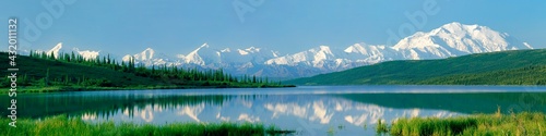 The rugged snow-capped Alaska Range and massive Mount McKinley reflect in Wonder Lake on a rare clear and calm morning in Denali National Park, Alaska photo