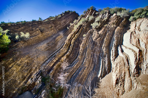 Strata seen in tectonically uplifted layers of sedimentary rock in the Los Padres National Forest, California.