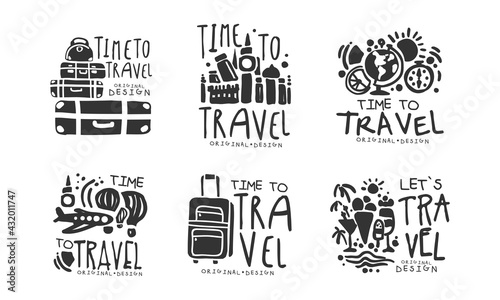 Time to Travel Original Design with Packed Suitcase Vector Set