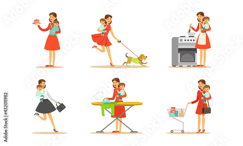 Energetic Female Housewife Holding Baby in Arms Cooking, Ironing and Shopping Vector Set
