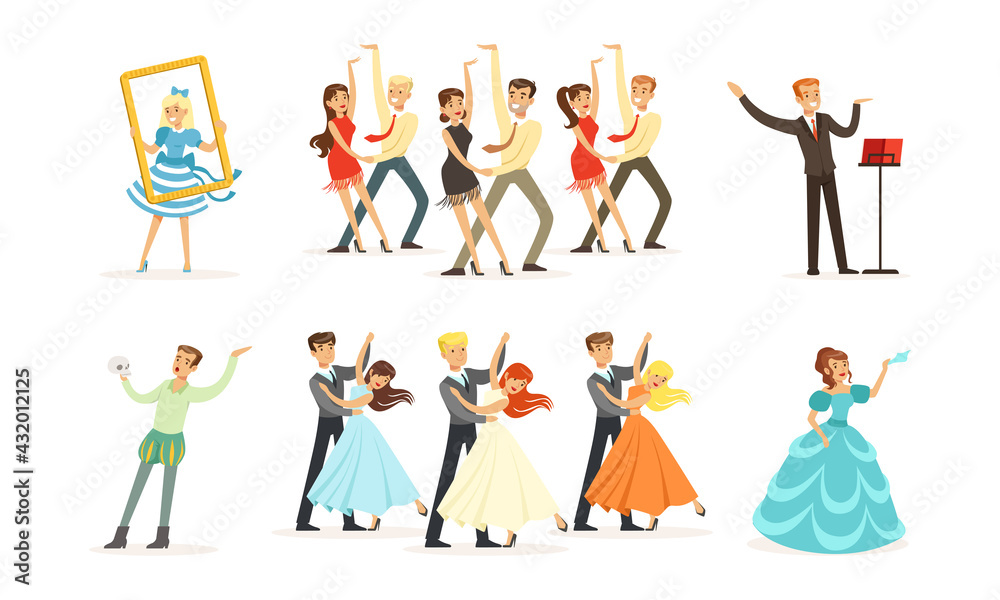 People Characters Acting in Play and Dancing on Stage of Classic Theater Vector Illustration Set