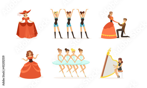 People Characters Acting in Play and Dancing on Stage of Classic Theater Vector Illustration Set