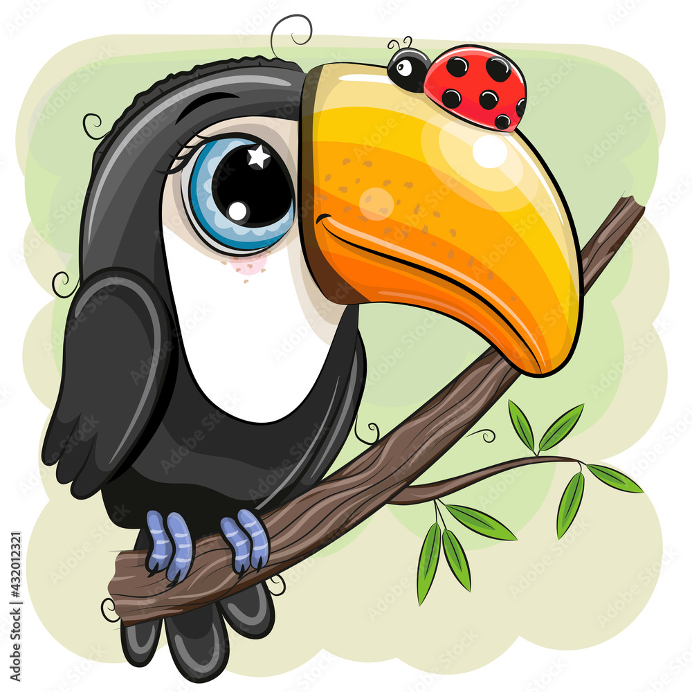 Fototapeta premium Cartoon Toucan with ladybug is sitting on a branch