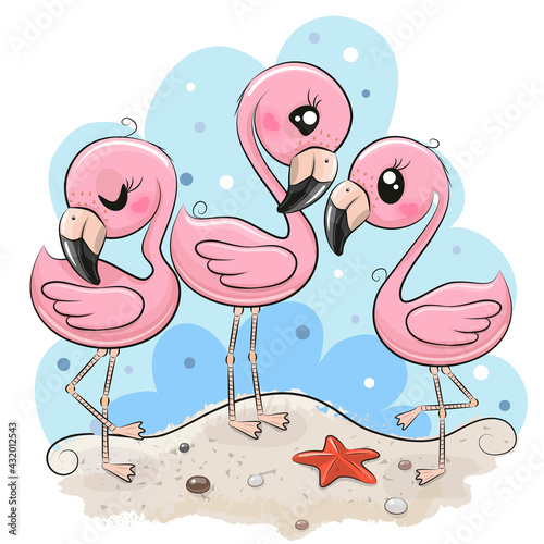 Cute cartoon flamingos on the beach