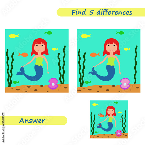 Spot the difference for kids. Vector game find 5 differences. Mermaid for children book,  textbook, tutorial