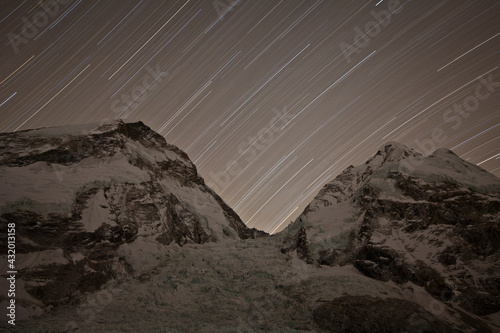 Star trails over Mount Everest, Nuptse and the Khumbu Icefall. May 2012