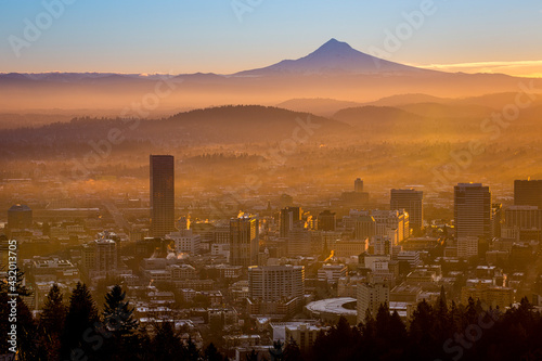 Sunrise cutting through Portland's Autumn Fog
