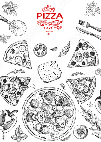 Italian pizza and ingredients top view frame. Italian food menu design template. Vintage hand drawn sketch  vector illustration. Engraved style illustration. Pizza label for menu.