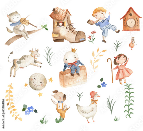Nursery Rhymes icons watercolor illustration Humpty Dumpty cow over the moon and Mother Goose 