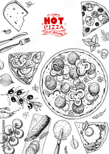 Italian pizza and ingredients top view frame. Italian food menu design template. Vintage hand drawn sketch, vector illustration. Engraved style illustration. Pizza label for menu.